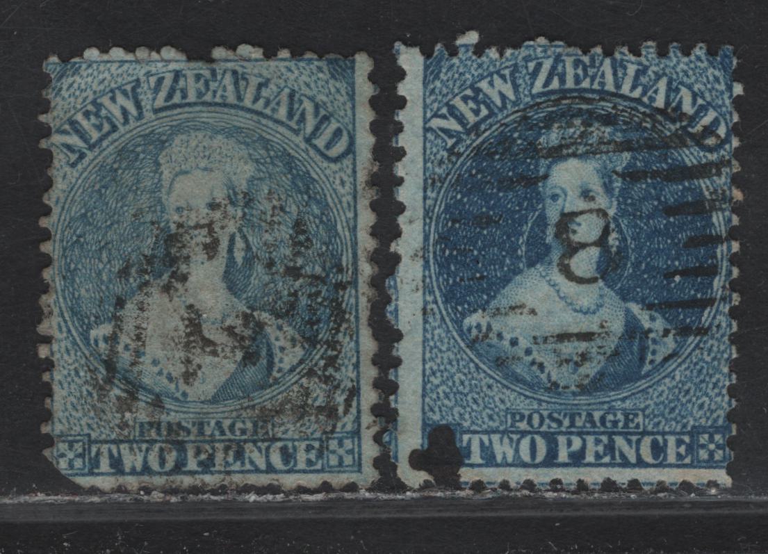 Lot 54 (C) New Zealand SG#107, 115 2d Pale Blue - Blue Queen Victoria, 1864-1871 Chalon Heads Issue, 2 Good/Fine Used Singles, NZ & Large Star Wmks, Plate 1 (107) & Plate 2 (115), Perf 12.5.