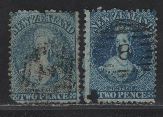 Lot 54 (C) New Zealand SG#107, 115 2d Pale Blue - Blue Queen Victoria, 1864-1871 Chalon Heads Issue, 2 Good/Fine Used Singles, NZ & Large Star Wmks, Plate 1 (107) & Plate 2 (115), Perf 12.5.