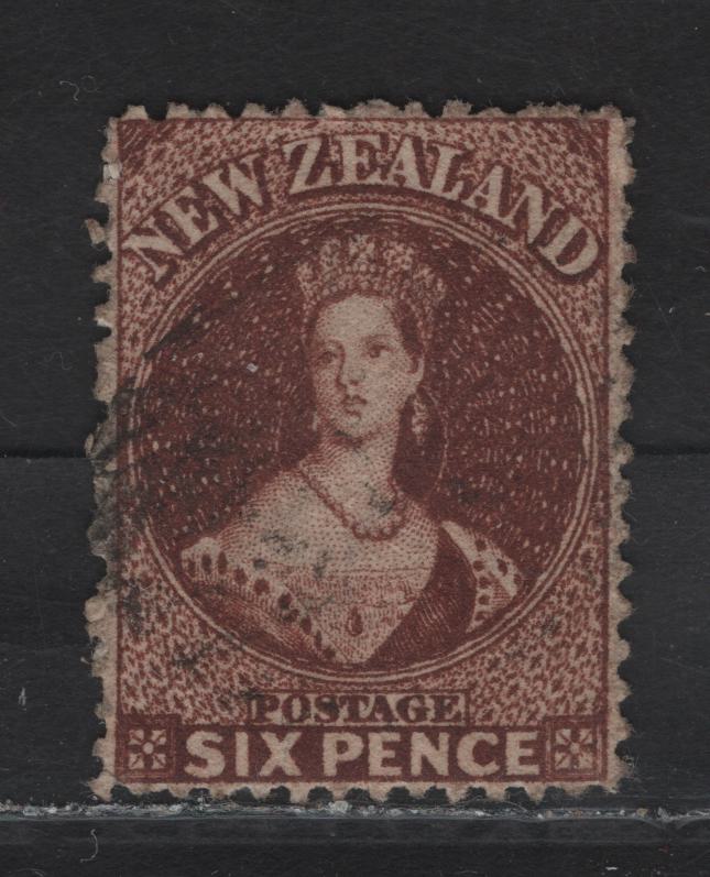 Lot 57 (C) New Zealand SG#77 6d Red Brown Queen Victoria, 1862-1864 Chalon Heads Issue, A Very Fine Used Single, Perf 13, Large Star Wmk, VF Centering For This Issue, Light Corner Bend At UR.