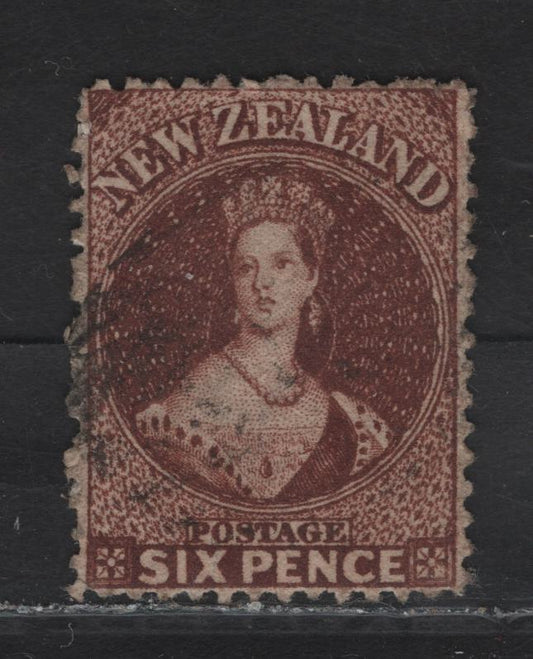 Lot 57 (C) New Zealand SG#77 6d Red Brown Queen Victoria, 1862-1864 Chalon Heads Issue, A Very Fine Used Single, Perf 13, Large Star Wmk, VF Centering For This Issue, Light Corner Bend At UR.