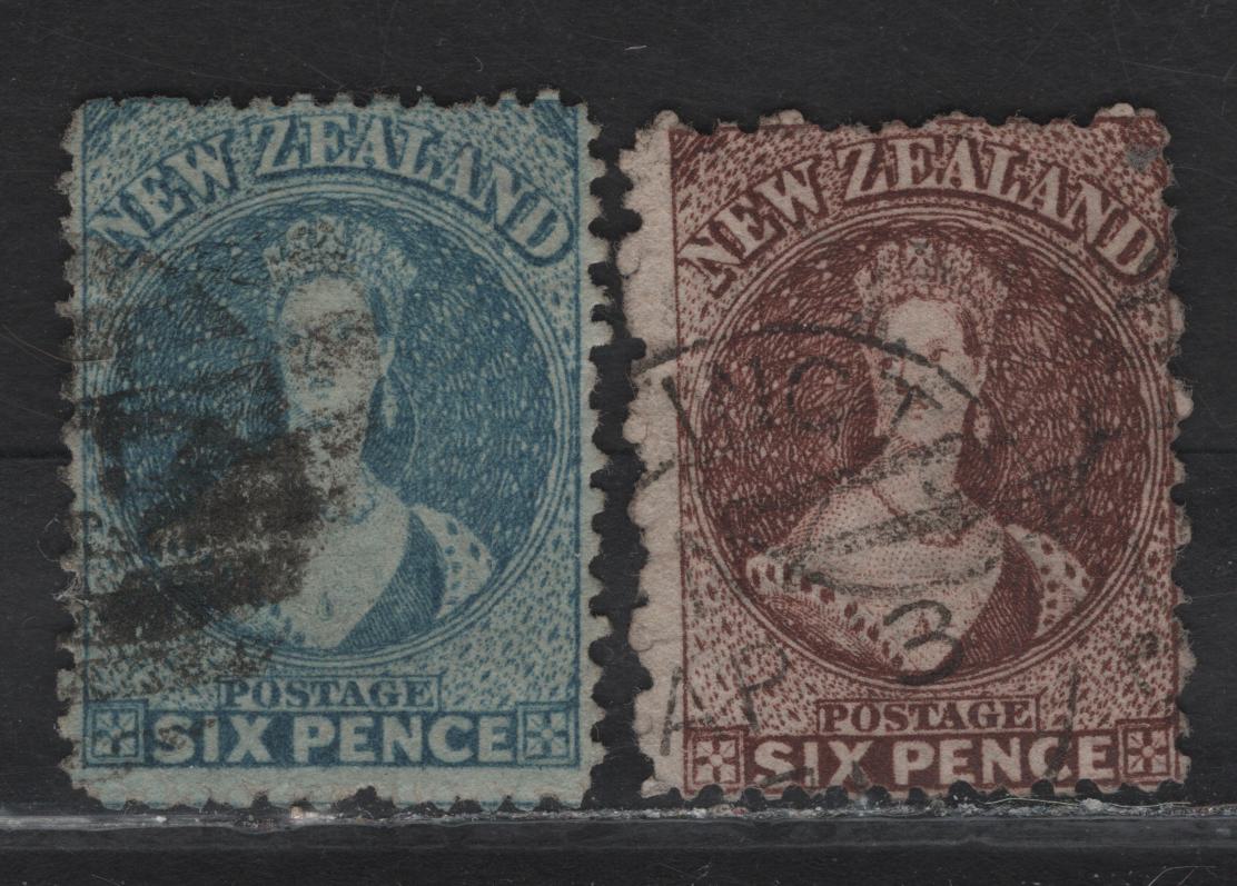 Lot 58 (C) New Zealand SG#122, 136 6d Red Brown - Pale Blue Queen Victoria, 1864-1871 Chalon Heads Issue, 2 Very Good/Fine Used Singles, Perf 12.5, Large Star Wmk