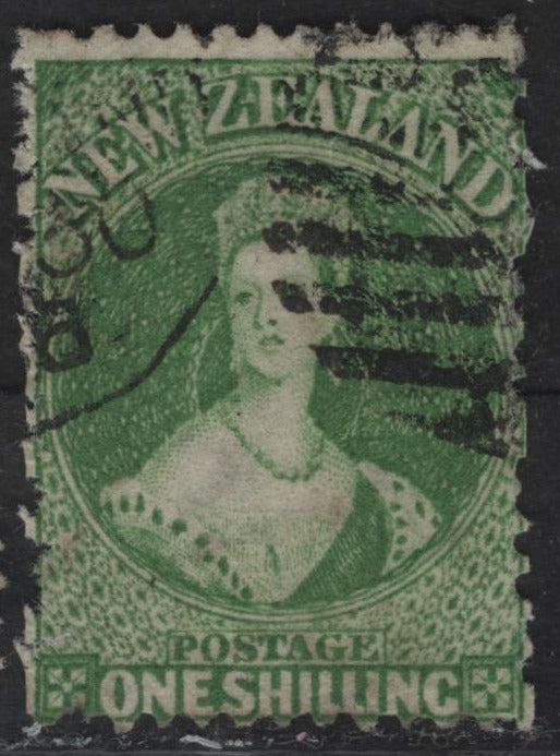 Lot 59 (C) New Zealand SG#80 1/- Yellow Green Queen Victoria, 1862-1864 Chalon Heads Issue, A Fine Used Single, Perf 13, Large Star Wmk, Some Irregular Perfs At Left.