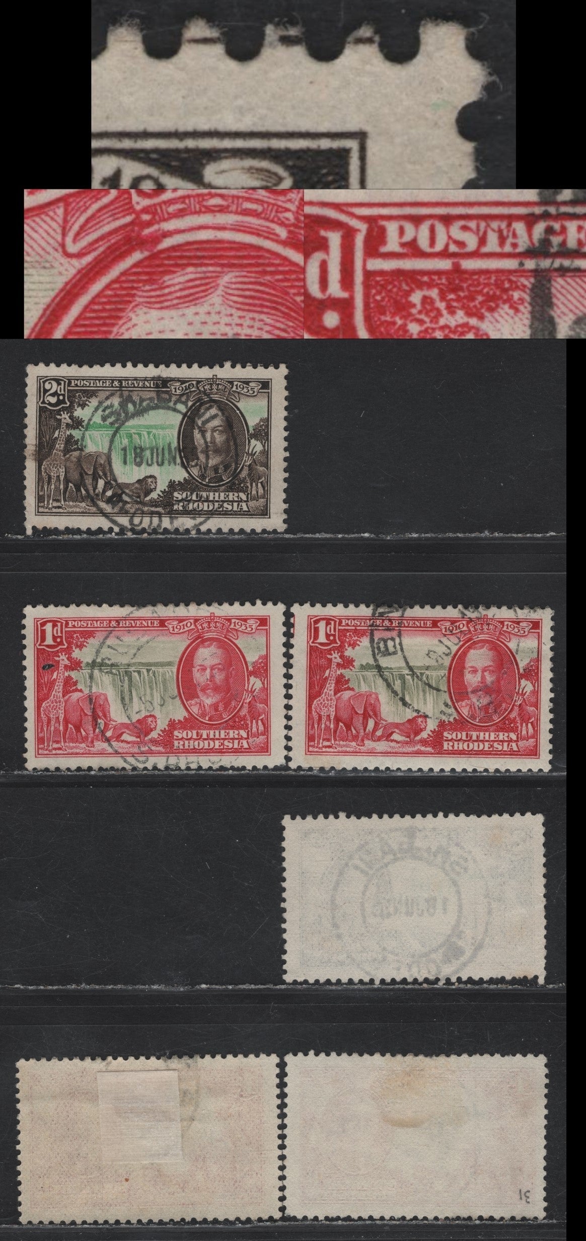 Lot 69 Southern Rhodesia SC#31var, 32var 1d - 2d Olive & Rose Carmine - Emerald & Sepia KGV & Windsor Castle, 1935 Silver Jubilee Issue, 2 Very Fine Used Singles, Showing Plate Varieties