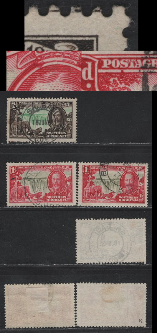 Lot 69 Southern Rhodesia SC#31var, 32var 1d - 2d Olive & Rose Carmine - Emerald & Sepia KGV & Windsor Castle, 1935 Silver Jubilee Issue, 2 Very Fine Used Singles, Showing Plate Varieties