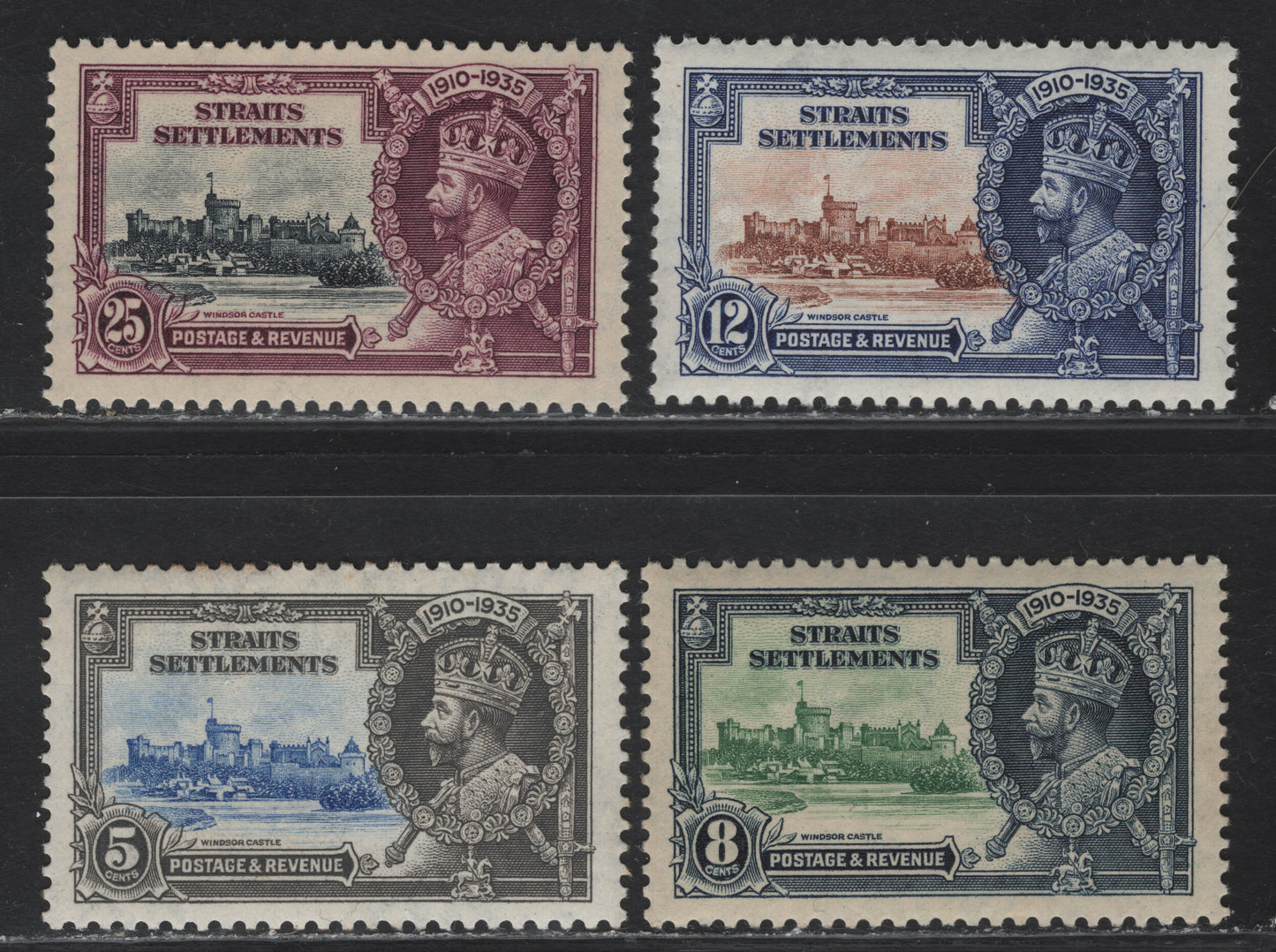 Lot 70 Straits Settlements SG#256-259 5c - 25c Ultramarine & Gray - Slate & Purple KGV & Windsor Castle, 1935 Silver Jubilee Issue, 4 VFNH Singles, NH Set