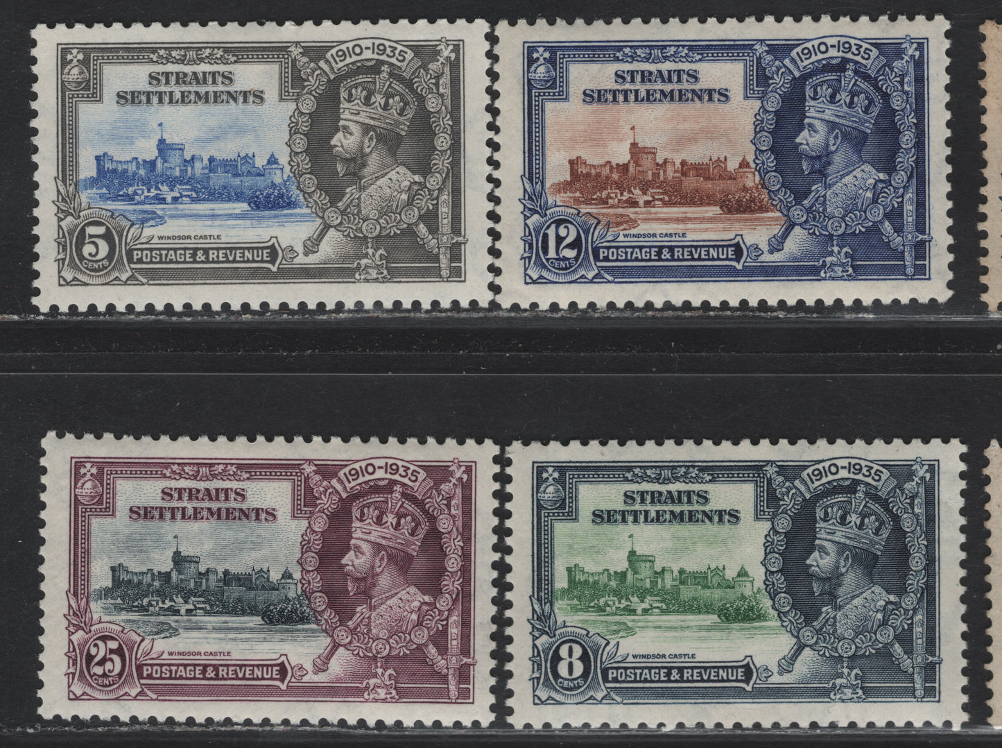 Lot 71 Straits Settlements SG#256-259 5c - 25c Ultramarine & Gray - Slate & Purple KGV & Windsor Castle, 1935 Silver Jubilee Issue, 4 VFOG Singles, Hinged Set