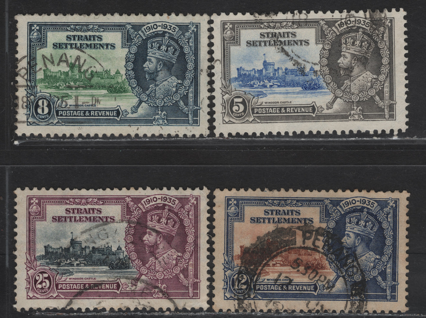 Lot 73 Straits Settlements SG#256-259 5c - 25c Ultramarine & Gray - Slate & Purple KGV & Windsor Castle, 1935 Silver Jubilee Issue, 4 Fine/Very Fine Used Singles