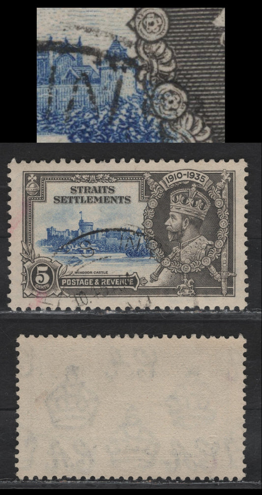Lot 74 Straits Settlements SG#256var 5c Ultramarine & Gray KGV & Windsor Castle, 1935 Silver Jubilee Issue, A VFOG Single, Showing Significant Rightward Shift Of Vignette, Brushes of Jacob's Meadow Appearing InsideThe Portrait Medallion