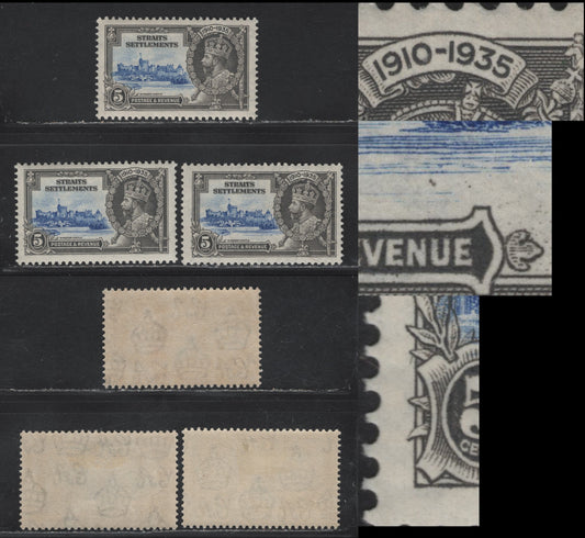 Lot 76 Straits Settlements SG#256var 5c Ultramarine & Gray KGV & Windsor Castle, 1935 Silver Jubilee Issue, 3 VFOG Singles, Showing Frame Plate Flaws, At Least One Of Which Is Constant