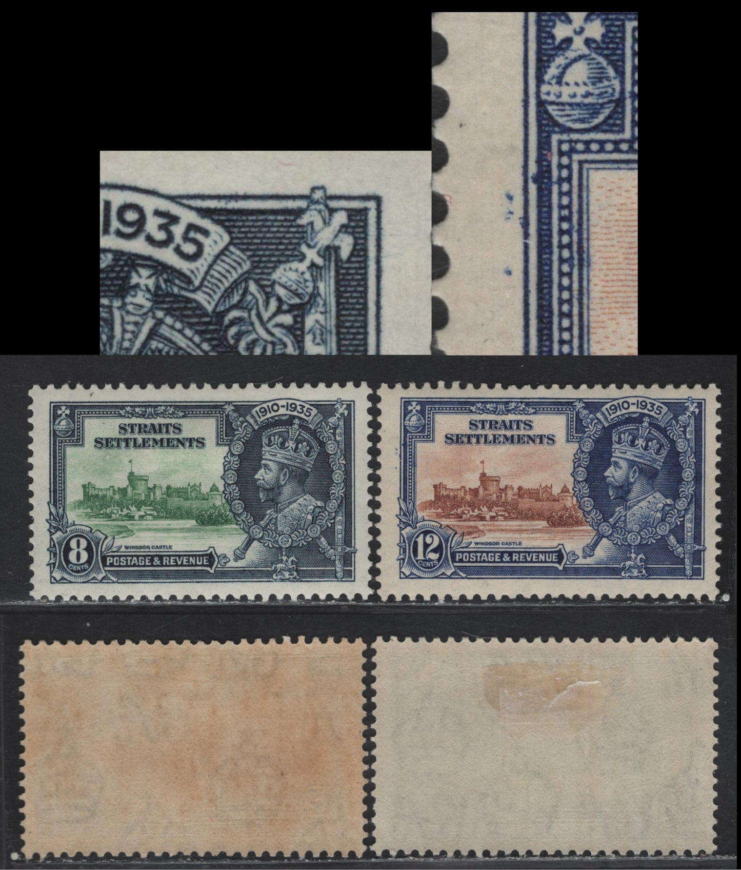 Lot 77 Straits Settlements SG#257-258 8c - 12c Green & Indigo - Brown & Deep Blue KGV & Windsor Castle, 1935 Silver Jubilee Issue, 2 VFOG Singles, Showing Frame Plate Flaws