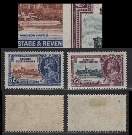 Lot 78 Straits Settlements SG#258-259 12c - 25c Yellow Brown & Deep Blue - Slate & Purple KGV & Windsor Castle, 1935 Silver Jubilee Issue, 2 VFOG Singles, Showing Frame Plate Flaws Which May Be Constant