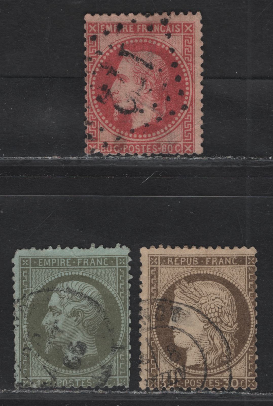 Lot 8 France #22, 36, 62 1c - 30c Olive Green on Pale Blue - Brown on Yellowish Napoleon III - Ceres, 1863-1873 Napoleon III - Ceres Issues, 3 Ungraded Used Singles, Presentable Examples, But All With Faults Including Short Perfs, Creases & Thins