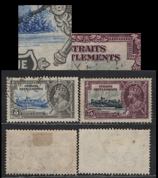 Lot 80 Straits Settlements SG#256, 259 5c - 25c Ultramarine & Gray - Slate & Purple KGV & Windsor Castle, 1935 Silver Jubilee Issue, 2 Fine/Very Fine Used Singles, Frame Plate Varieties, Which Might Be Constant