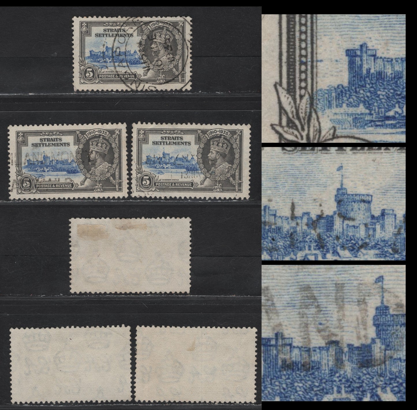 Lot 81 (C) Straits Settlements SG#256var 5c Ultramarine & Gray KGV & Windsor Castle, 1935 Silver Jubilee Issue, 3 Fine/Very Fine Used Singles, Vignette Plate Flaws, Many of Which Are Constant