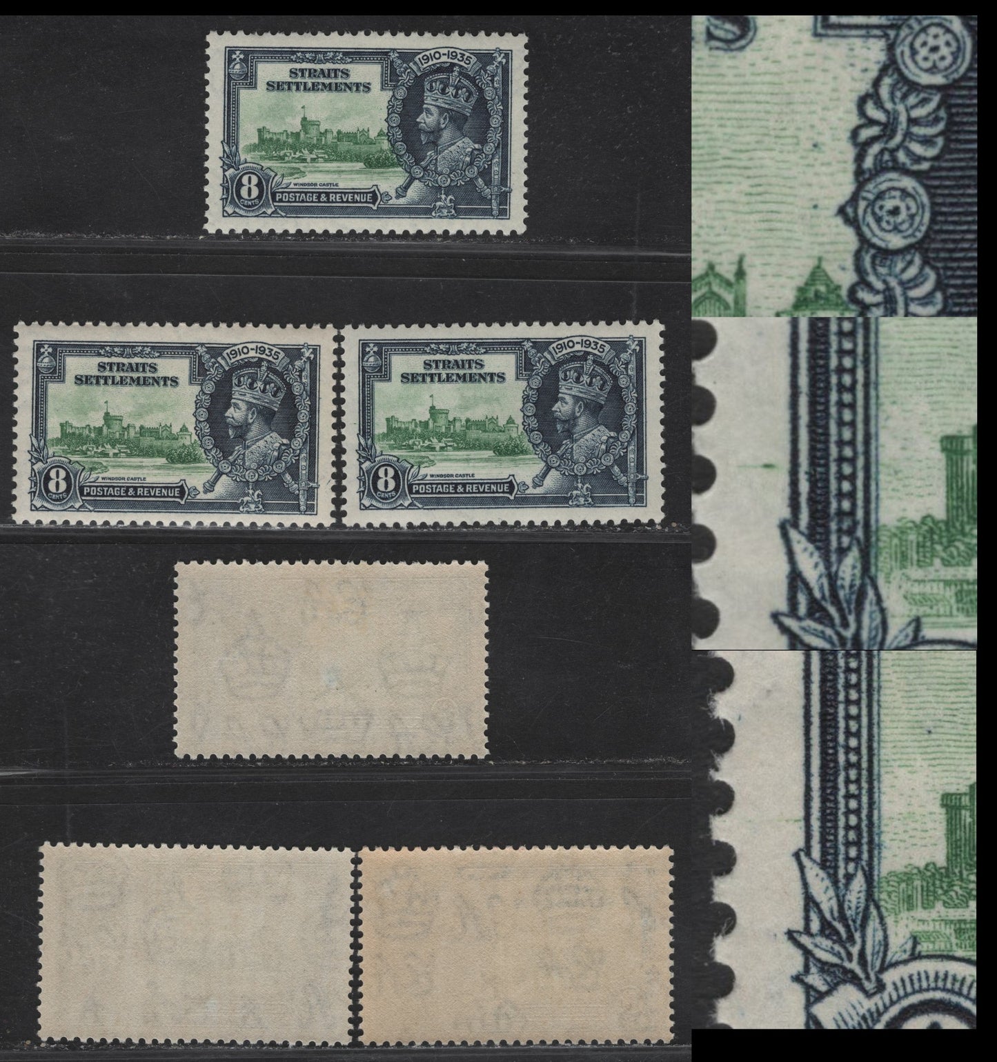 Lot 83 Straits Settlements SG#257var 8c Green & Indigo KGV & Windsor Castle, 1935 Silver Jubilee Issue, 3 VFOG Singles, Vignette Plate Flaws Which May Be Constant