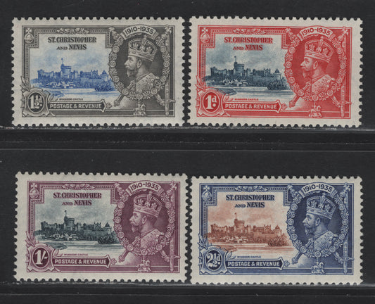 Lot 86 St Christopher & Nevis SG#61-64 1d - 1/- Deep Blue & Scarlet - Slate & Purple KGV & Windsor Castle, 1935 Silver Jubilee Issue, 4 VFNH Singles, NH Set, Well Centered