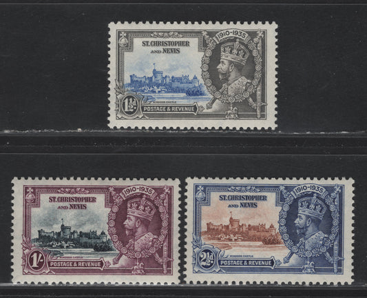 Lot 87 (C) St Christopher & Nevis SG#62-64 1.5d - 1/- Ultramarine & Gray - Slate & Purple KGV & Windsor Castle, 1935 Silver Jubilee Issue, 3 F/VFNH Singles