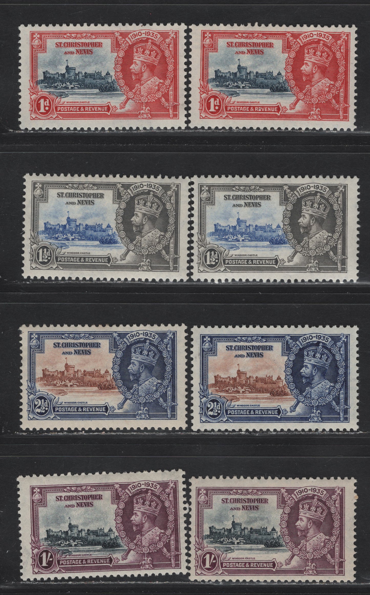 Lot 89 St Christopher & Nevis SG#61-64 1d - 1/- Deep Blue & Scarlet - Slate & Purple KGV & Windsor Castle, 1935 Silver Jubilee Issue, 8 F/VFOG Singles, Shade Lot Showing Subtle Variations Im Frame & Vignette Shades, Two Different Shades Of Each Value