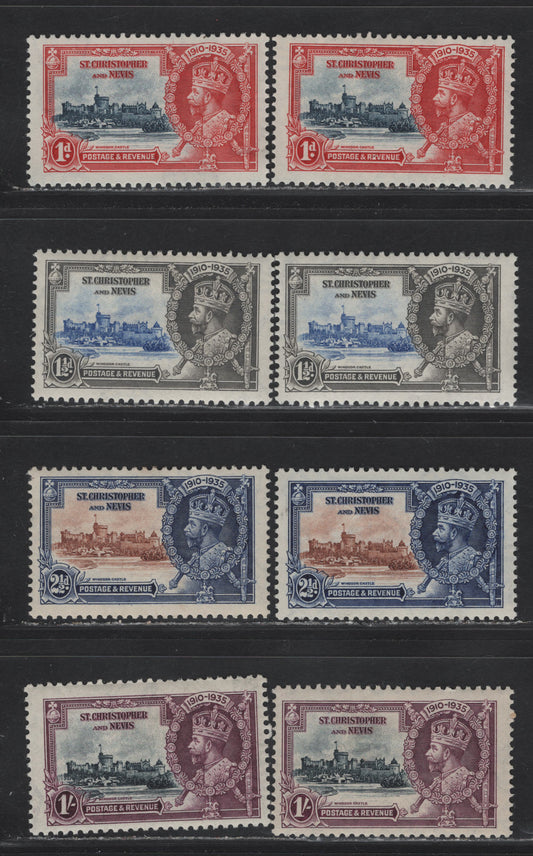Lot 89 St Christopher & Nevis SG#61-64 1d - 1/- Deep Blue & Scarlet - Slate & Purple KGV & Windsor Castle, 1935 Silver Jubilee Issue, 8 F/VFOG Singles, Shade Lot Showing Subtle Variations Im Frame & Vignette Shades, Two Different Shades Of Each Value