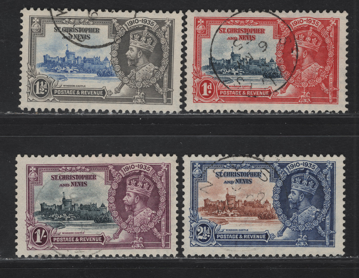 Lot 90 St Christopher & Nevis SG#61-64 1d - 1/- Deep Blue & Scarlet - Slate & Purple KGV & Windsor Castle, 1935 Silver Jubilee Issue, 4 Very Fine Used Singles