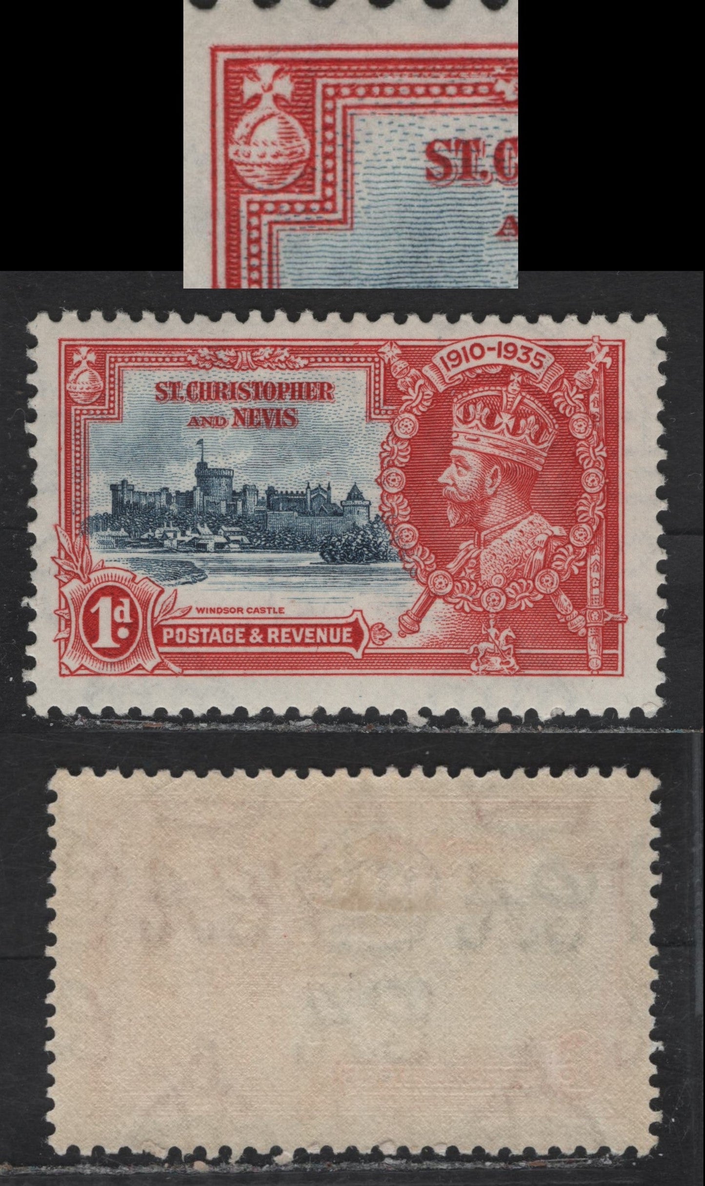 Lot 91 St Christopher & Nevis SG#61var 1d Deep Blue & Scarlet KGV & Windsor Castle, 1935 Silver Jubilee Issue, A FOG Single, Showing Major Re-Entry, With Doubling of the Framelines At Upper Left & The Orb, Unlisted And One Of Only A Few Re-Entries.