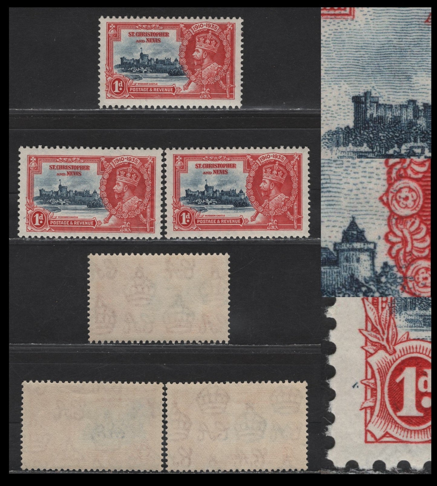 Lot 92 St Christopher & Nevis SG#61var 1d Deep Blue & Scarlet KGV & Windsor Castle, 1935 Silver Jubilee Issue, 3 VFNH Singles, Vignette Plate Flaws Which May Be Constant
