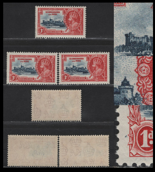 Lot 92 St Christopher & Nevis SG#61var 1d Deep Blue & Scarlet KGV & Windsor Castle, 1935 Silver Jubilee Issue, 3 VFNH Singles, Vignette Plate Flaws Which May Be Constant