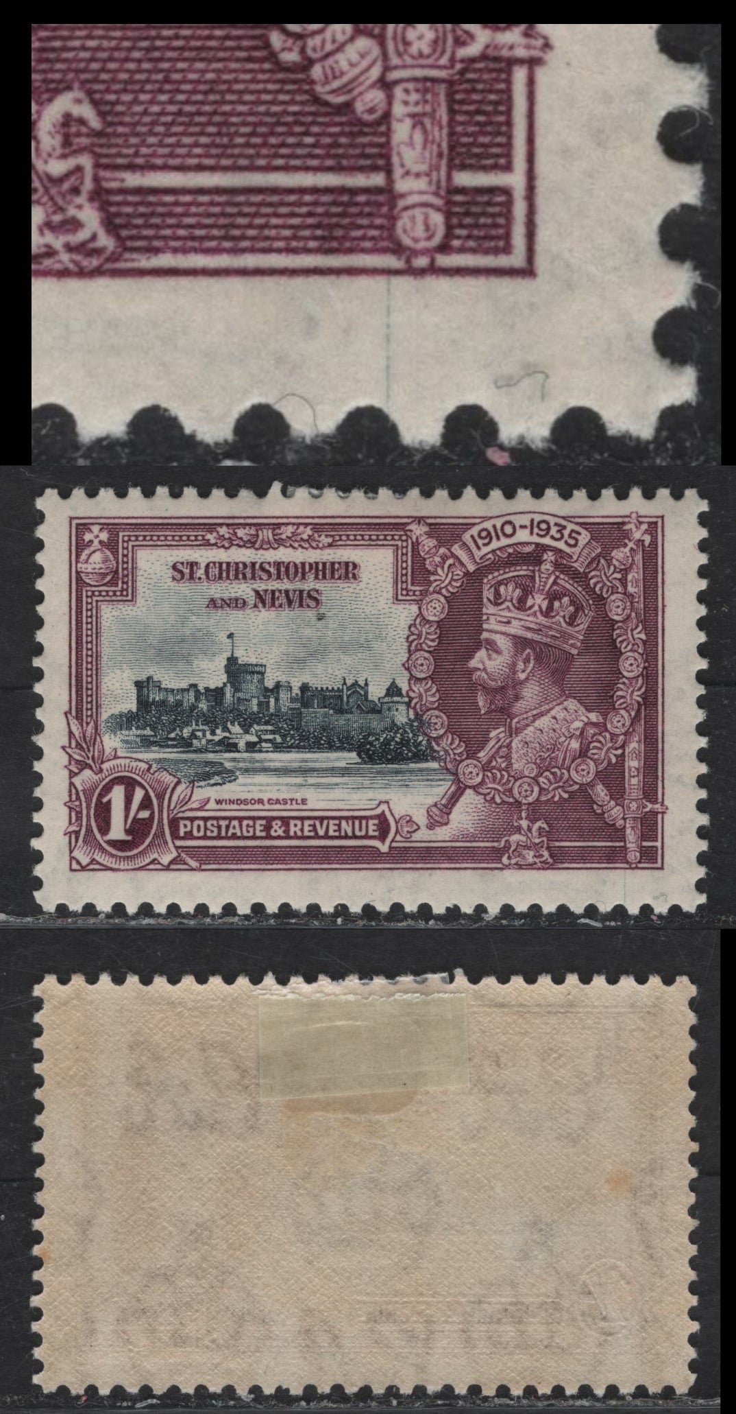 Lot 93 St Christopher & Nevis SG#64var 1/- Slate & Purple KGV & Windsor Castle, 1935 Silver Jubilee Issue, A FOG Single, Vertical Scratch In LR Margin Under Sword, This Is Constant, As Lot 85 Shows The Exact Same Variety.
