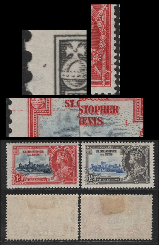 Lot 94 St Christopher & Nevis SG#61-62 1d - 1.5d Deep Blue & Scarlet - Ultramarine & Gray KGV & Windsor Castle, 1935 Silver Jubilee Issue, 2 F/VFOG Singles, Frame Plate Varieties