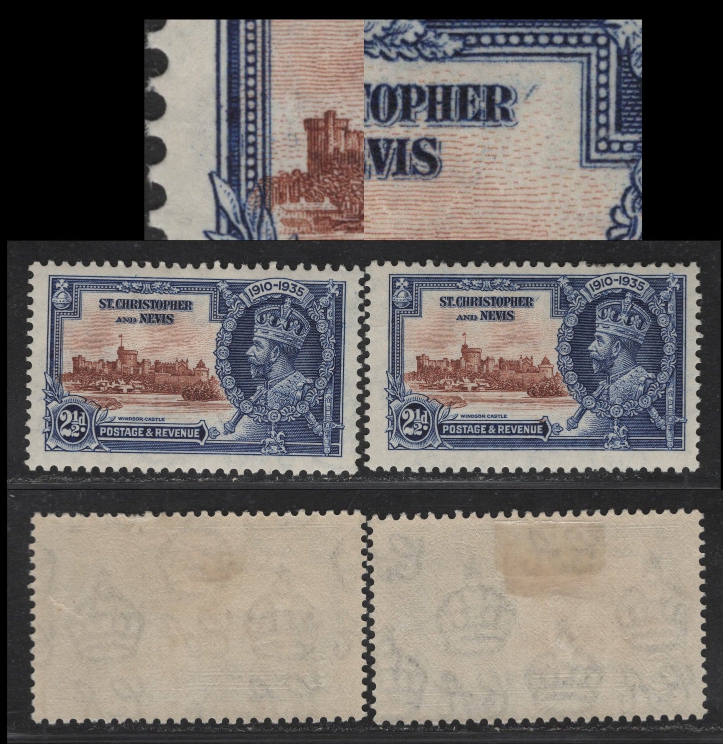Lot 95 St Christopher & Nevis SG#63var 2.5d Yellow Brown & Deep Blue KGV & Windsor Castle, 1935 Silver Jubilee Issue, 2 F/VFOG Singles, Frame Plate Flaws, Which May Be Constant