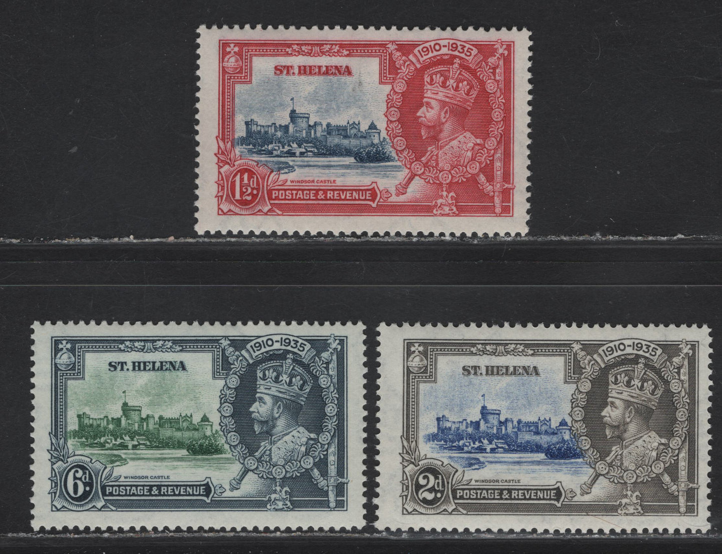 Lot 96 (C) St Helena SG#124-126 1.5d - 6d Deep Blue & Carmine - Green & Indigo KGV & Windsor Castle, 1935 Silver Jubilee Issue, 3 F/VFNH Singles