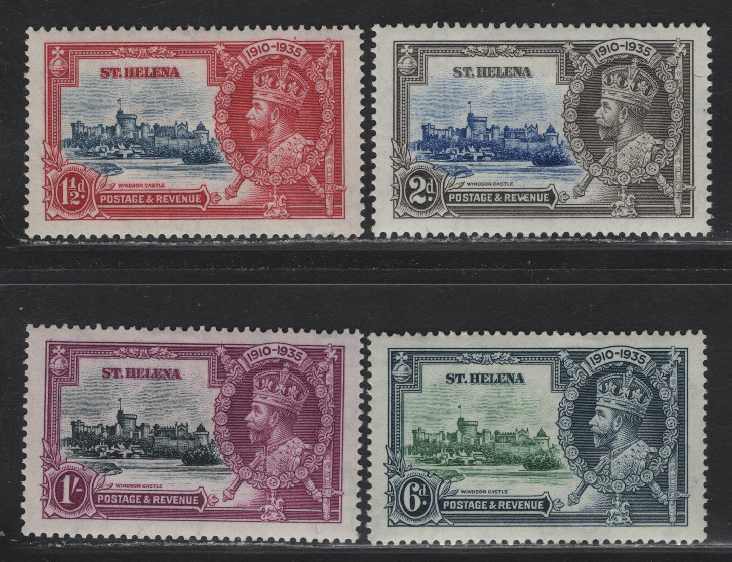 Lot 98 St Helena SG#124-127 1.5d - 1/- Deep Blue - Slate & Purple KGV & Windsor Castle, 1935 Silver Jubilee Issue, 4 VFOG Singles, Basic Hinged Set