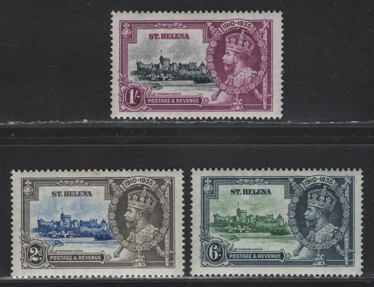 Lot 99 St Helena SG#125-127 2d - 1/- Ultramarine & Gray - Slate & Purple KGV & Windsor Castle, 1935 Silver Jubilee Issue, 3 VFOG Singles, Partial Hinged Set