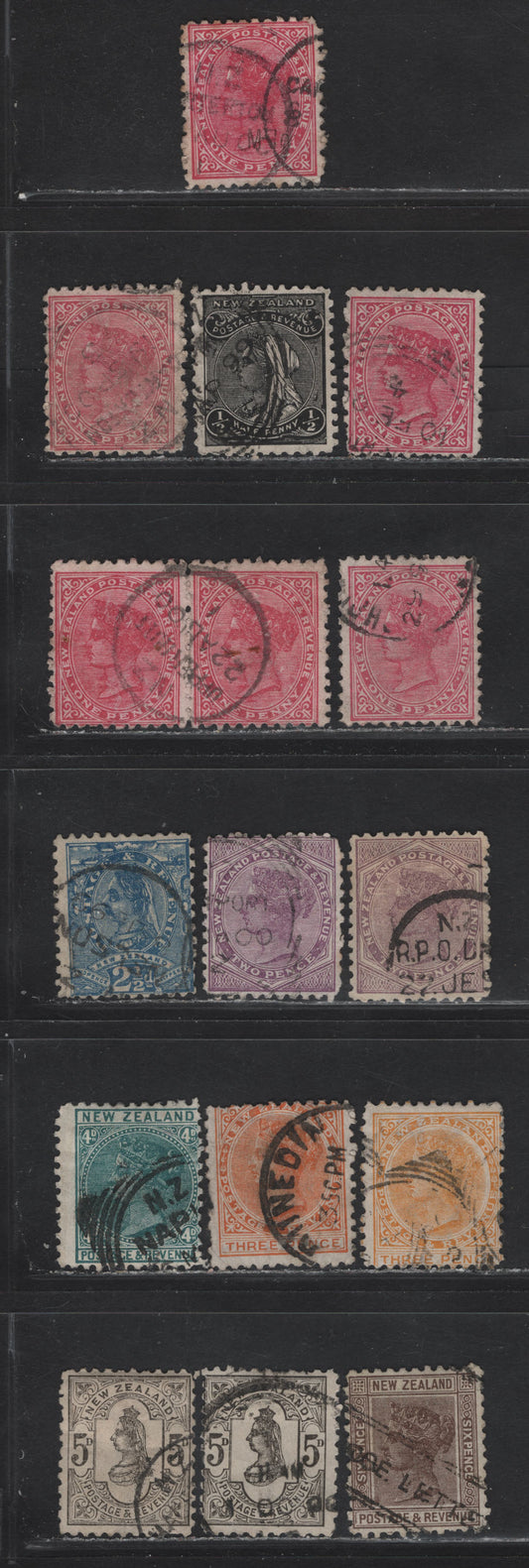 Lot 100 New Zealand (C) SG#236-238a, 239-240, 240b, 241a, 242-243 1/2d - 5d Black - Olive Black Queen Victoria, 1895-1900 Queen Victoria Sidefaces Issue, 10 Very Good/Fine/Very Fine Used Singles, Perf 11, 5d's Have Light Creases.
