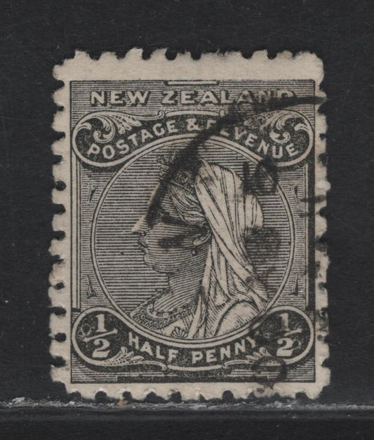 Lot 102 New Zealand (C) SG#271 1/2d Black Queen Victoria, 1900 Queen Victoria Widow's Weeds Sideface Issue, A Very Fine Used Single, Perf 11, Sideways Double Lined Star & NZ Wmk, Horizontal Wove Paper.