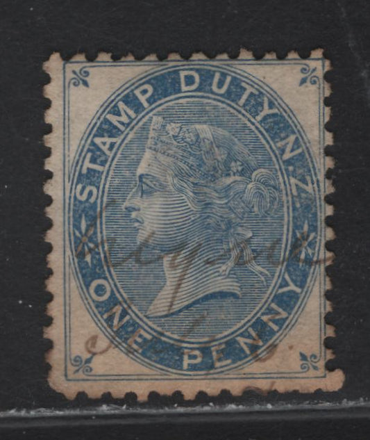 Lot 104 New Zealand (C) SG#F2 1d Blue Queen Victoria, 1882 Postal Fiscal Issue, A Very Good Used Single, Pen Cancel