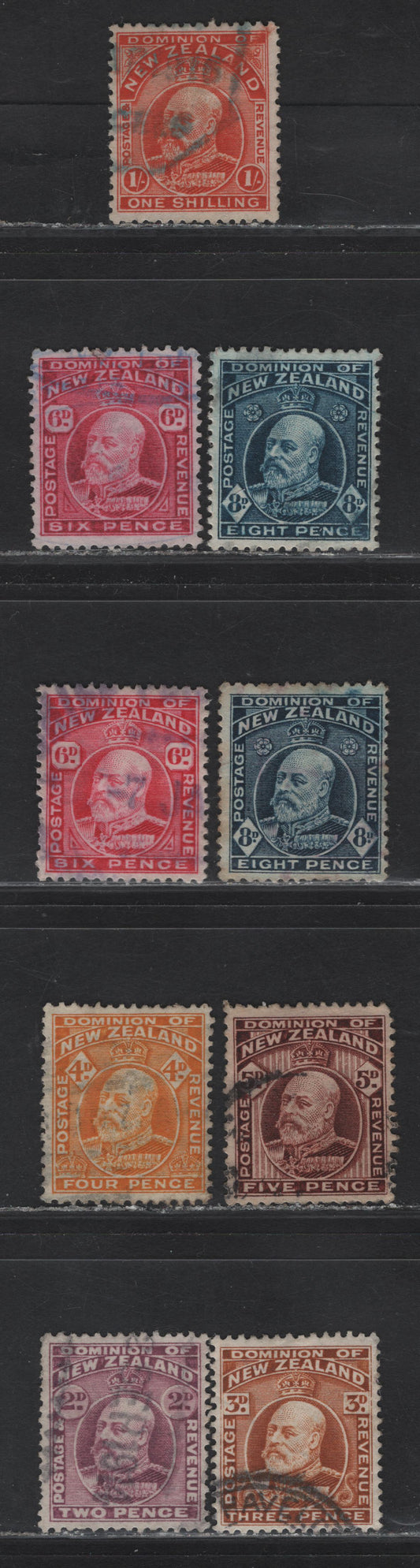 Lot 106 New Zealand (C) SG#388-389, 390a, 391, 392-a, 393-a, 394 2d - 1/- Mauve - Vermillion King Edward VII, 1909-1916 King Edward VII Issue, 9 Very Fine Used Singles, Perf 14x14.5