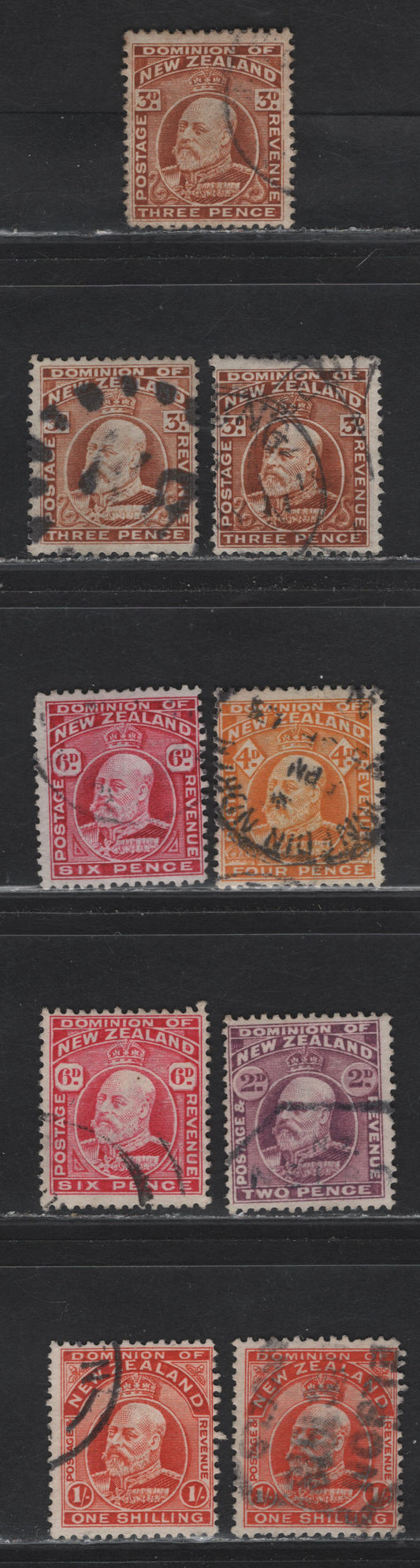 Lot 107 New Zealand (C) SG#388, 389, 390a, 392-a, 394 2d - 1/- Mauve - Vermillion King Edward VII, 1909-1916 King Edward VII Issue, 9 Fine Used Singles, Perf 14x14.5