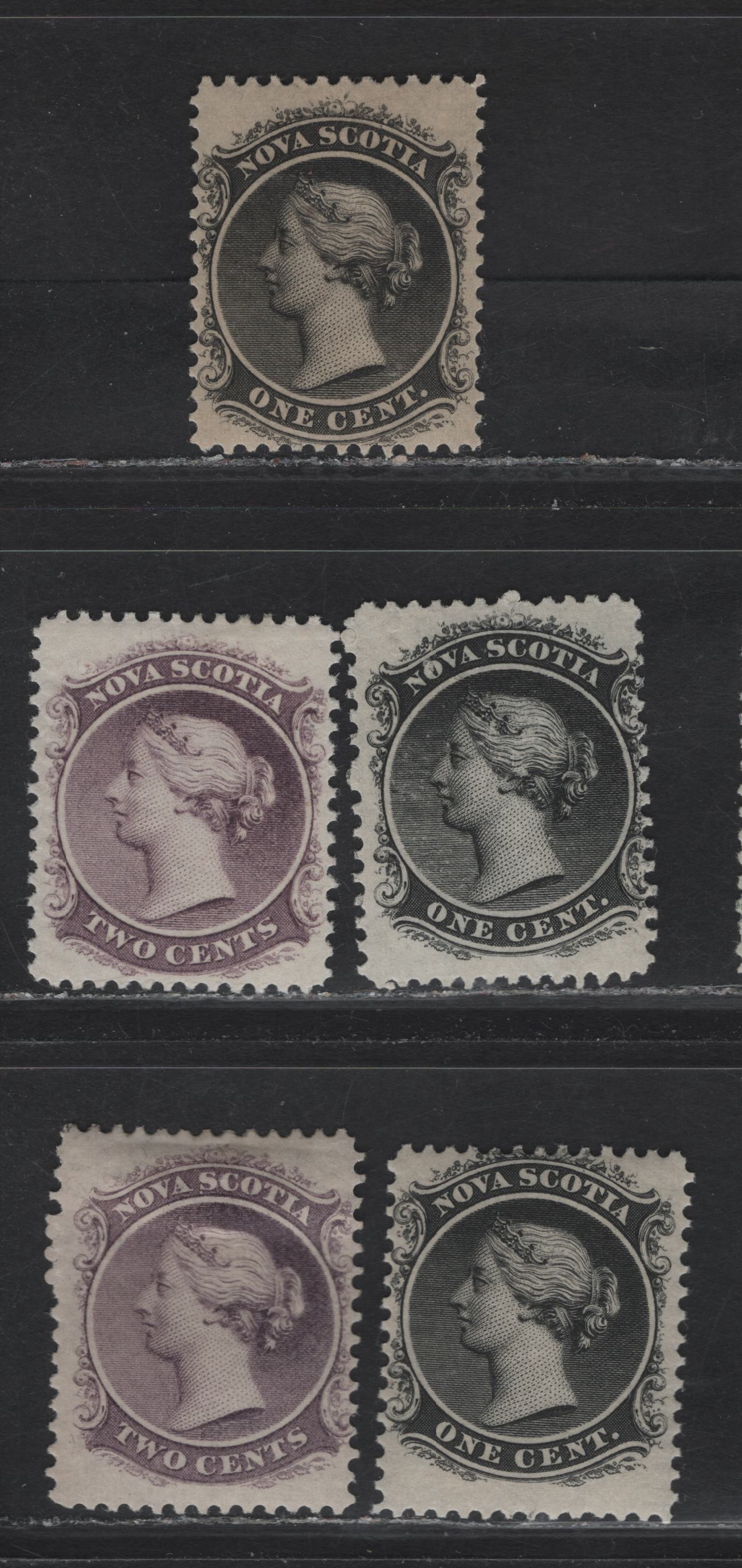 Lot 116 Nova Scotia (C) #8, 8a, 9 1c - 2c Black - Lilac Queen Victoria, 1860-1863 Queen Victoria Issue, 5 F/VFOG Singles, Varieties Of Papers & Perfs