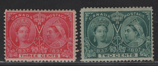 Lot 124 Canada (C) #52, 53 2c & 3c Green & Bright Rose Queen Victoria, 1897 Diamond Jubilee Issue, 2 FOG Singles, Papers ABN-V & ABN-U, Perfs 12.1x12 & 12x12.1
