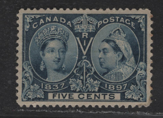 Lot 125 Canada (C) #54i 5c Blackish Blue Queen Victoria, 1897 Diamond Jubilee Issue, A VFOG Single, Paper ABN-V, Perf 11.9, Showing Dot Inside 'R', Small Gum Soak On LR.