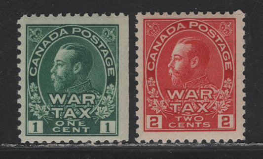 Lot 132 Canada (C) #MR1-MR2 1c - 2c Deep Green - Carmine Red King George V, 1915 War Tax Issue, 2 FNH/VFOG Singles, Paper ABN-B, Perfs 11.9 & 11.9x12, Retouched Frameline, 1c Has A Natural Straight Edge.