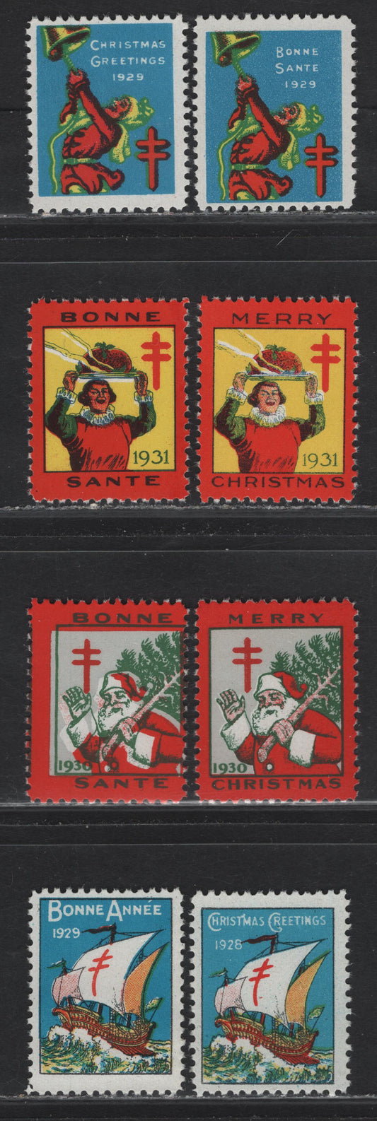 Lot 134 Canada (C) 1928-1931 Christmas Seals, 8 F/VFNH Singles, French, English & Bilingual
