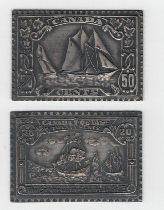 Lot 136 Canada (C) #103, 158 20c & 50c Brown - Dark Blue Cartier's Arrival - Bluenose, 1908-1929 Quebec Tercentenary & Scroll Issues, 2 VFOG Bronze Replicas, Unknown Origin, Seems To Have Been Associated With Billeski