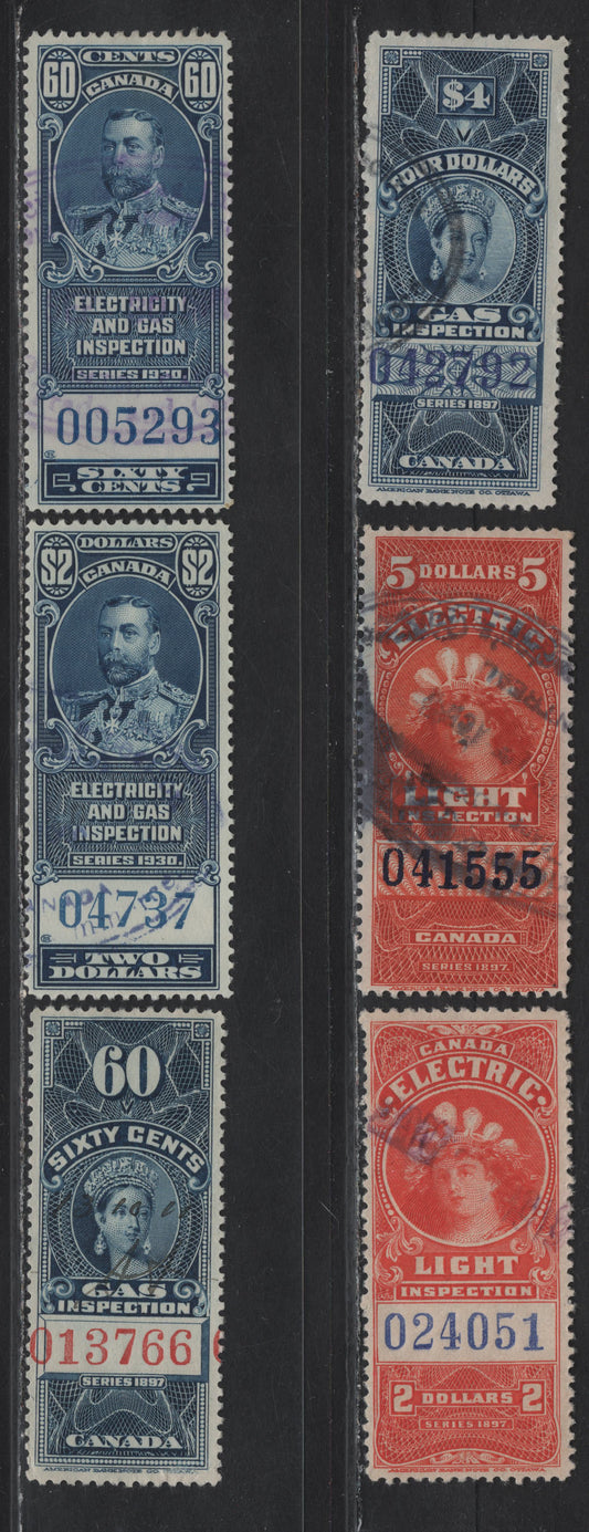 Lot 139 Canada (C) Van Dam#FG20, FG28, FE14a, FE16a, FEG8-FEG9 60c - $2 Dark Blue - Blue Queen Victoria, 1897-1930 Gas Inspection, Electricity & Gas Inspection Revenue Issues, 6 Fine/Very Fine Used Singles, 60c Has A Small & Light Corner Crease