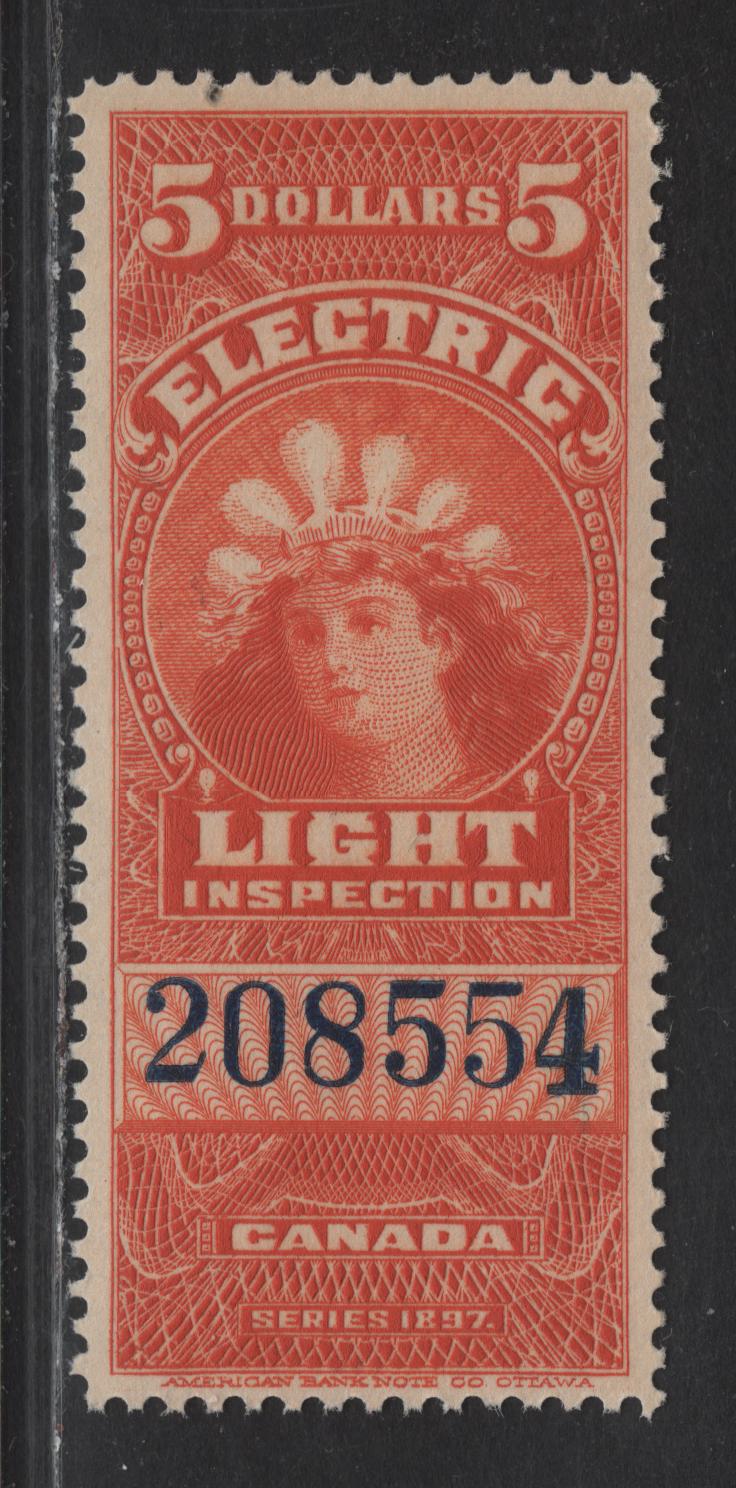 Lot 140 Canada Van Dam#FE16b $5 Deep Orange Electric Light, 1900-1930 Electric Light Inspection Issue, A VFNH Single, Dark Blue Control Number, Dry Printing