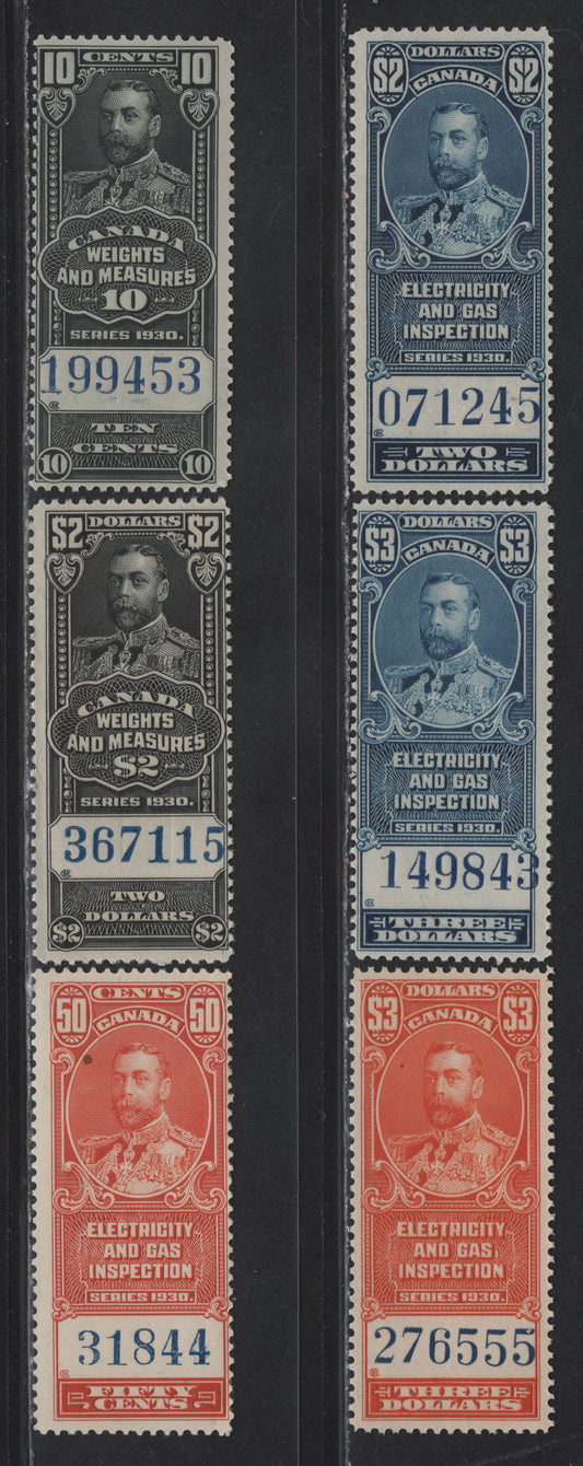 Lot 142 Canada (C) Van Dam#FEG1, FEG6, FEG9-FEG10, FWM61, FWM69 50c - $2 Vermillion - Black Electricity & Gas - Weight & Measures, 1930 Electricity & Gas Inspection - Weight & Measures Issues, 6 F/VFNH Singles