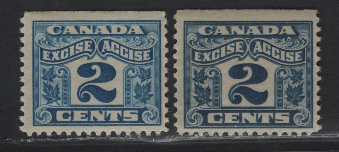 Canada Van Dam#Fx36 2c Blue - Light Blue Numeral, 1915-1928 Two Leaf Excise Tax Issue, A FNH Single, Blue Is Dry Printing, Light Blue Is Wet Printing