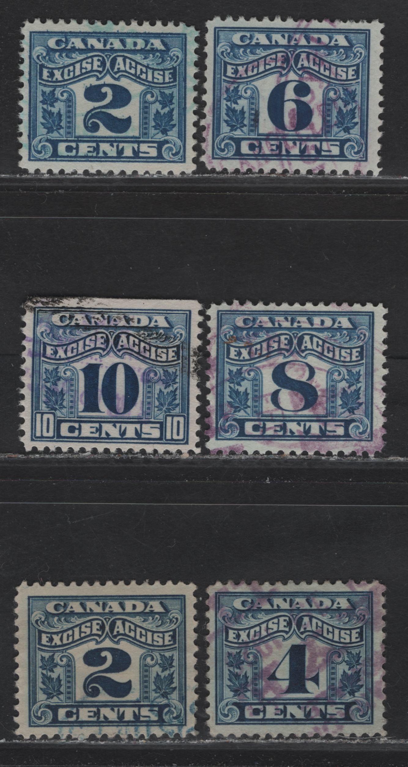 Lot 145 Canada Van Dam#FX36, FX39-FX42 2c - 10c Bright Blue - Blue Numeral, 1915-1928 Two Leaf Excise Tax Issue, 6 Very Fine Used Singles, VF Centered, Wet & Dry Printings, 2c, 6c & 8c Wet Printings and 2c, 4c & 10c Dry Printings.