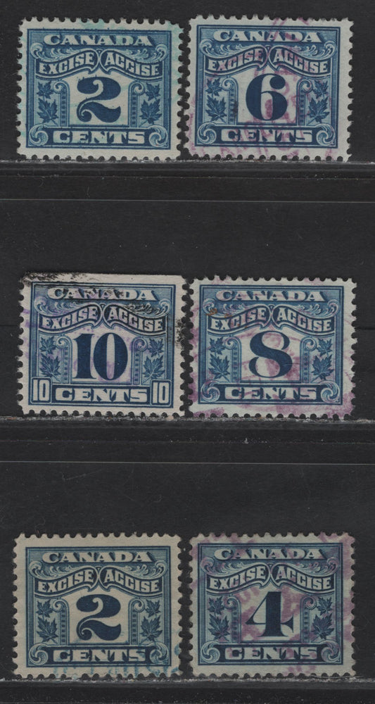 Lot 145 Canada Van Dam#FX36, FX39-FX42 2c - 10c Bright Blue - Blue Numeral, 1915-1928 Two Leaf Excise Tax Issue, 6 Very Fine Used Singles, VF Centered, Wet & Dry Printings, 2c, 6c & 8c Wet Printings and 2c, 4c & 10c Dry Printings.
